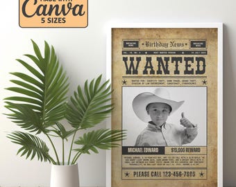 Cartazes de Procurado - Modelo Canva | Decoração Personalizada e Editável para Festa no Velho Oeste - Cartaz com Sinalização Western - Cartão de Aniversário para Cowboy/Cowgirl