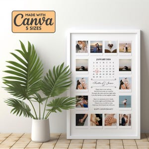 May include: A white framed print featuring a personalized wedding anniversary calendar for January 2024. The print includes photos, the names "Kaitlin & James", and the text "Happy Anniversary!" The image also includes a plant in a white vase and the text "Made with Canva 5 Sizes".