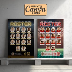 Pode incluir: Dois cartazes de listas de equipas desportivas. Um cartaz diz "Gold Tiger High School Roster" e o outro "Goldenwater Football Roster". Ambos os cartazes apresentam fotos de jogadores e logótipos de equipas. A faixa superior diz "Made with Canva 5 Sizes".