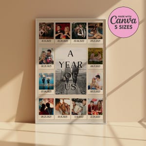 Custom Polaroid Frame Anniversary Template | 1 Year Anniversary Gift for Boyfriend and Girlfriend | Printable Canva Template | 12 Photos