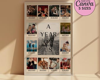 Custom Polaroid Frame Anniversary Template | 1 Year Anniversary Gift for Boyfriend and Girlfriend | Printable Canva Template | 12 Photos