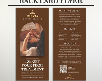 May include: A brown rack card flyer for Olivia Beauty Service. The flyer includes the business name, logo, and information about services such as facials, skin treatments, and waxing. It also offers a 10% discount on the first treatment.