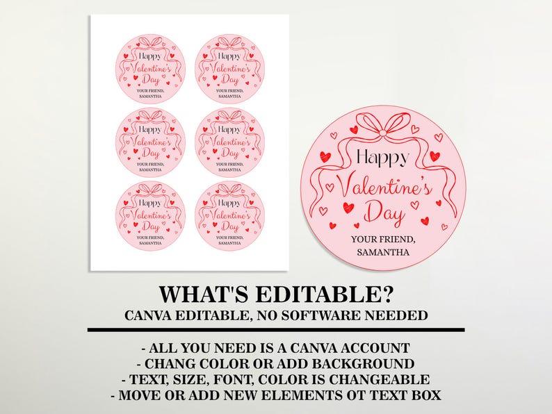 Editable Valentines Day Gift Tags, Red Bow Pink Valentine Sticker ...