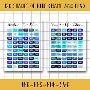 120 kleurnamen en tinten, blauwe hexadecimale naam png, tinten blauw, kleurstaal hexadecimale cijfers pdf, sjabloon digitale dagboek SVG
