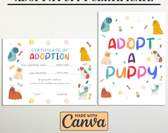 Adopt a Puppy Certificate: Printable Dog Birthday Party Sign (Digital Download)