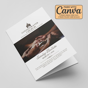 Puede incluir: Una tarjeta plegada blanca con el texto "Goldenwater Church" y "Sunday Bulletin March 1, 2030". La tarjeta presenta una foto de manos y una cita de Isaías 41:10. La tarjeta está disponible en 4 páginas de tarjeta simple (12,7x17,8cm) y 2 páginas de tarjeta plegada (21,6x27,9cm).