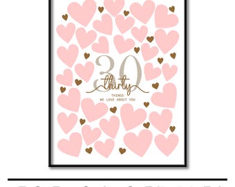 30 cosas que amamos de ti, decoraciones personalizadas para el 30 cumpleaños, decoración para fiesta de mujeres, hijas y amigas, póster imprimible de treinta razones.