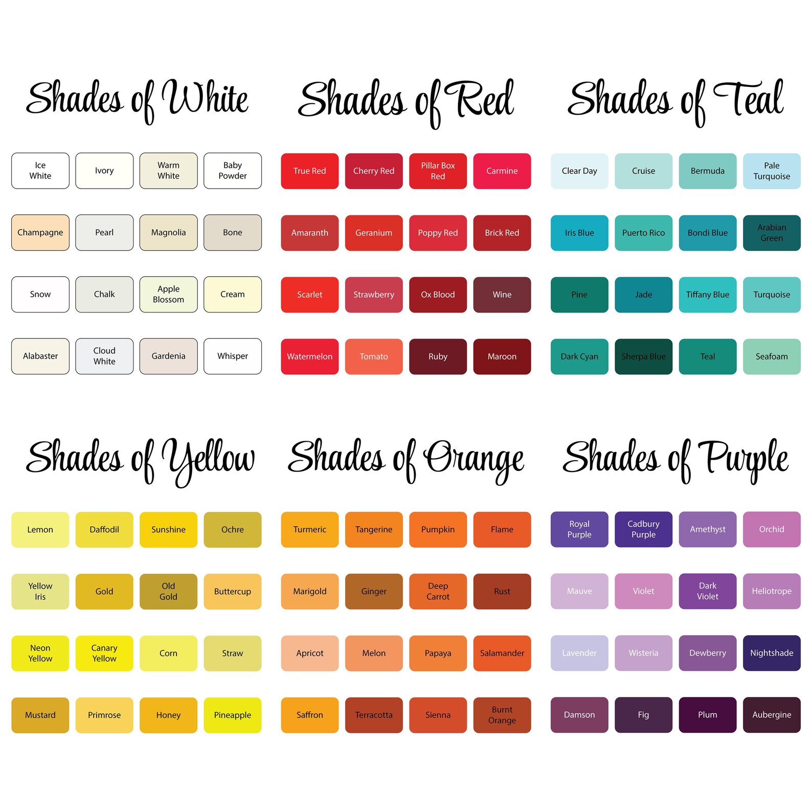 206 Color Names And Shades Color Chart Name Color Shade Table Colour 