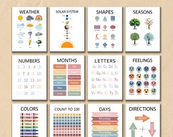 Educational Posters, 12 Homeschool Prints, Montessori Classroom Decor, Toddler Playroom, Neutral Kids Nursery, Boho Playroom Wall Art Print