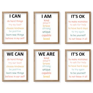 Zestaw plakatów „Affirmations for Kids” 3 szt., zestaw codziennych afirmacji ściennych, „I Am I Can” — słowa afirmacji dla dzieci, zestaw dekoracji do klasy