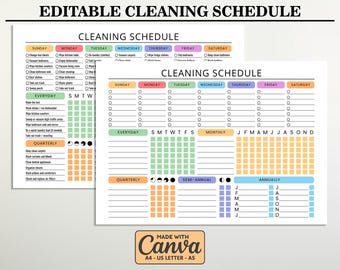 May include: Two printable cleaning schedule templates with the text "EDITABLE CLEANING SCHEDULE". The schedules are organized by day and task, with sections for everyday, quarterly, semi-annual, and annual chores. The templates are in color.