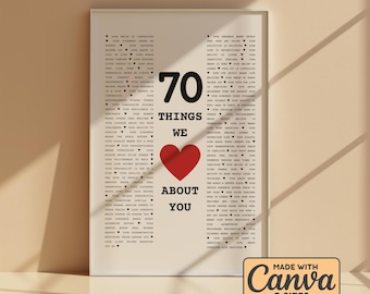 Regalo per il 70° compleanno per lei o per lui, poster personalizzato con 70 cose che amiamo di te, regalo per mamma, papà, nonna, nonno, regalo unico per il 70° compleanno T3B8