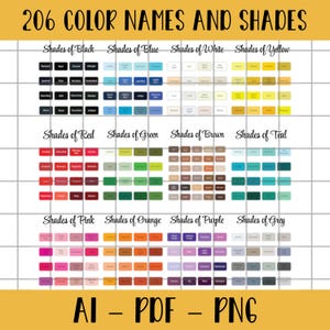 206 Color Names And Shades, Color Chart Name, Color Shade Table, Colour Swatch, Digital Swatch PDF, Printable Template, Instant Download PNG