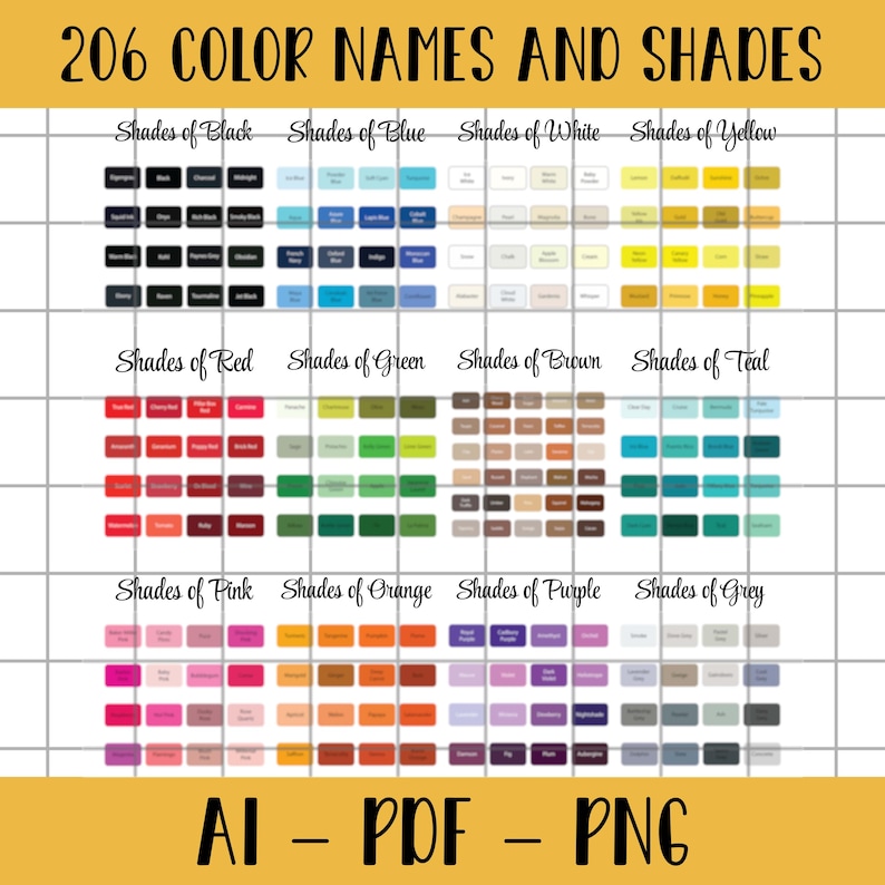 206 Color Names and Shades, Color Chart Name, Color Shade Table, Colour ...