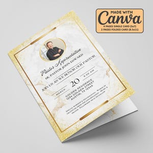 May include: A folded invitation card with a gold and marble design. The text reads "Pastor Appreciation" and "Join us as we honor our pastor". Includes a photo of a man and event details.