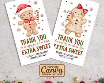 Puede incluir: Dos etiquetas de regalo navideñas blancas con ilustraciones de hombrecitos de jengibre. Cada etiqueta tiene el texto "THANK YOU for making my school days EXTRA SWEET" y "MERRY CHRISTMAS!" con un nombre. Decoradas con copos de nieve y bastones de caramelo.
