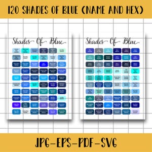 120 nombres y matices de colores, nombre hexadecimal del color azul (PNG), matices de azul, muestra de color con números hexadecimales (PDF), plantilla de diario digital (SVG)