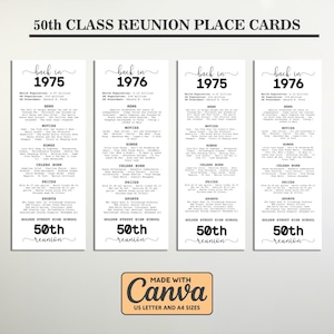 Puede incluir: Cuatro tarjetas de mesa para una reunión de clase del 50 aniversario, con los años 1975 y 1976. Cada tarjeta contiene información sobre noticias, películas, canciones, celebridades, precios y deportes de esos años. El texto "50th reunion" está en la parte inferior.