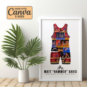 May include: A framed print featuring a wrestling singlet design filled with action shots. The singlet is red with black trim. The text "MADE WITH Canva 5 SIZES" is in the upper left corner. The bottom of the frame reads "MATT 'HAMMER' DAVIS GOLDEN HIGH SCHOOL".