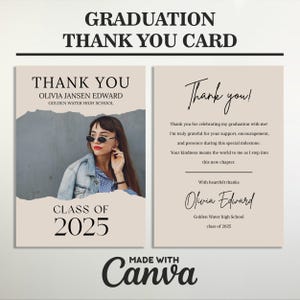 Plantilla editable de Canva para tarjeta de agradecimiento de graduación Tarjeta de agradecimiento con foto de graduación Descarga digital Fiesta de graduación de la clase de 2025 Agradecimiento
