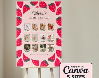 Erdbeere 1 Geburtstag Foto-Collage: Beere Polaroid Schild (Canva Template - Digital Download