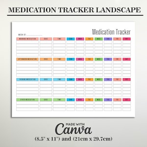 Op de afbeelding: Een witte Medication Tracker landschapskaart met secties voor ochtend-, middag-, avond- en andere medicijnen. Bevat ruimte voor dosis en tijd, met dagen van de week bovenaan. De kaart is 21cm x 29,7cm groot.