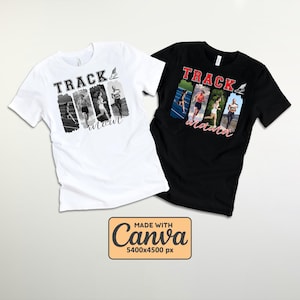 Puede incluir: Dos camisetas, una blanca y otra negra, con diseños de atletismo. La camiseta blanca tiene el texto "TRACK mom" con imágenes de corredores. La camiseta negra dice "TRACK motivator" con imágenes de corredores. Ambas camisetas tienen un logotipo de atletismo.
