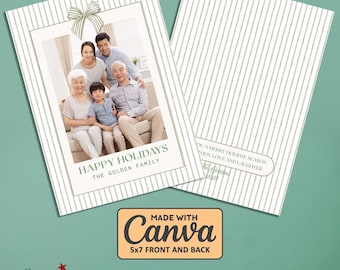 Holiday Photo Card Template | Christmas Bow Stripe Family Photo Greeting Card | Editable Canva Happy Holidays Template | Instant Download