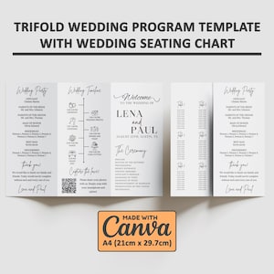 Trifold Wedding Program Template with Wedding Seating Chart, Wedding Ceremony Program Foldable, Modern Program Wedding Day Timeline, Canva