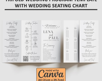 Trifold Wedding Program Template: Modern Seating Chart & Timeline (Canva, Digital Download)
