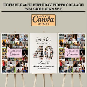 Conjunto de placas de boas-vindas para colagem de fotos de 40º aniversário editáveis | Modelo Canva com colagem de fotos com números | Pôster de festa de 40º aniversário para impressão