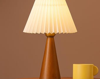 Small Wooden Base Table Lamp: Pleated White Shade, Modern Bedside Light