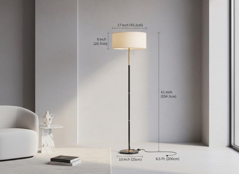 Mid Century Floor Lamp: Tall Standing Lamp with Linen Shade & Dimmable LEDs immagine 2