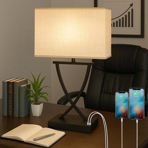 May include: A rectangular table lamp with a beige fabric shade and a dark bronze metal base. The lamp is on a wooden desk with books, a plant, a notebook, and two smartphones charging via USB cables. A framed chart is in the background.