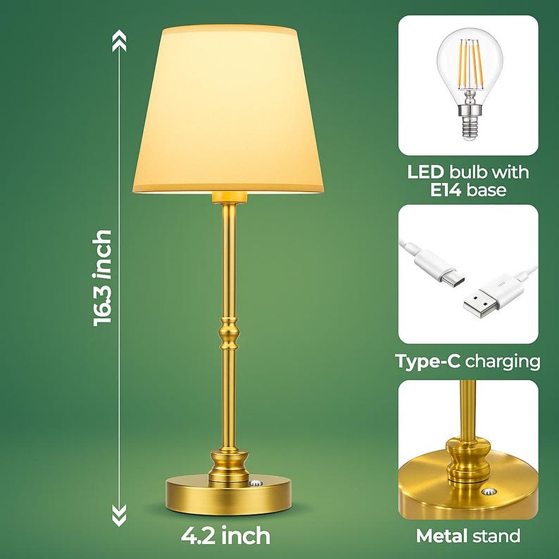 K&ouml;nnte beinhalten: Goldfarbene Tischlampe mit beigem Lampenschirm. Die Lampe ist 41,4 cm hoch und 10,7 cm breit. Merkmale sind ein Metallfu&szlig;, eine LED-Gl&uuml;hbirne mit E14-Sockel und Typ-C-Aufladung.