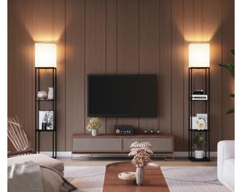 SUNMORY Modern Shelf Floor Lamp: Dimmable LED, Linen Shade, Painted Wood
