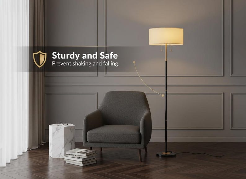 Mid Century Floor Lamp: Tall Standing Lamp with Linen Shade & Dimmable LEDs immagine 3