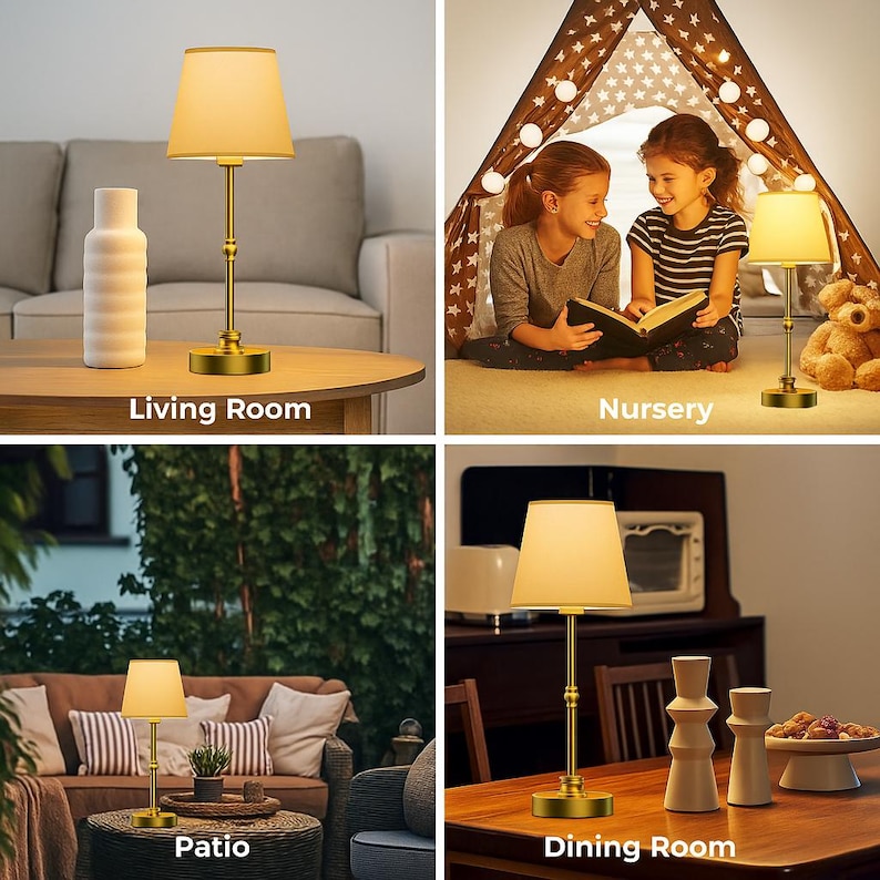 K&ouml;nnte beinhalten: Eine goldfarbene Tischlampe mit beigem Lampenschirm wird in vier verschiedenen Umgebungen gezeigt: einem Wohnzimmer, einem Kinderzimmer, einer Terrasse und einem Esszimmer. Die Lampe hat einen schlanken, verzierten Fu&szlig; und ein klassisches Design.
