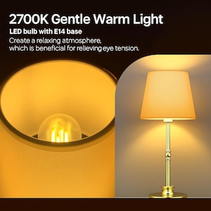 K&ouml;nnte beinhalten: Eine goldfarbene Tischlampe mit Lampenschirm und warm leuchtender Gl&uuml;hbirne. Die Lampe hat einen runden Fu&szlig; und einen dekorativen Stiel. Der Text im Bild lautet: "2700K Gentle Warm Light" und "LED bulb with E14 base".