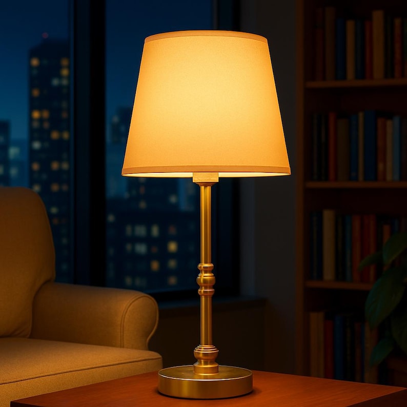 K&ouml;nnte beinhalten: Eine Tischlampe aus Messing mit beigem Lampenschirm. Die Lampe hat einen runden Sockel und einen schlanken, vertikalen Stiel mit dekorativen Details. Der Lampenschirm hat eine klassische, konische Form. Die Lampe steht auf einem Holztisch.