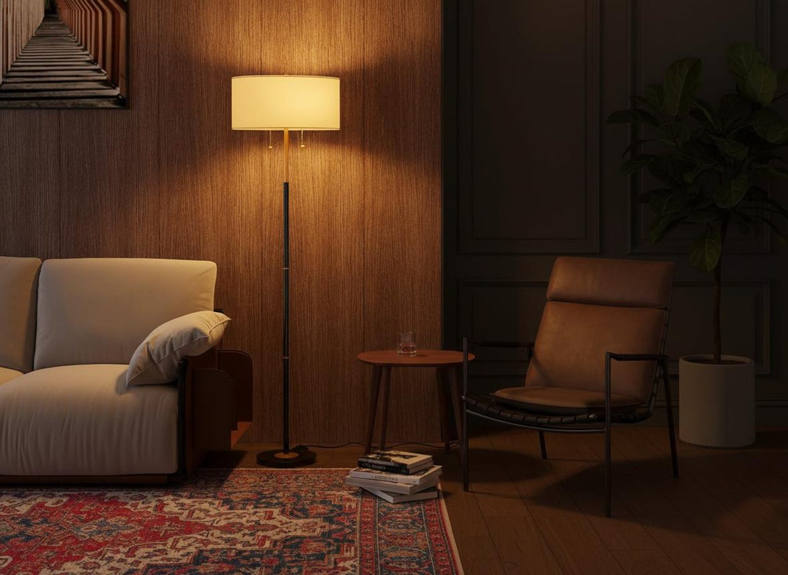 Mid Century Floor Lamp: Tall Standing Lamp with Linen Shade & Dimmable LEDs