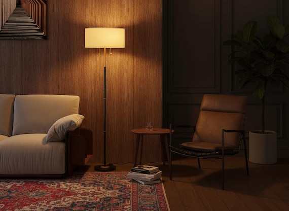 Mid Century Floor Lamp: Tall Standing Lamp with Linen Shade & Dimmable LEDs
