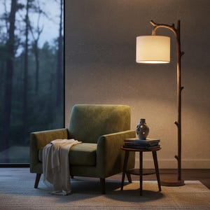 May include: A cozy living room scene featuring a green armchair with a beige throw blanket. A wooden side table holds books and a decorative vase. A unique floor lamp with a tree branch design and a white lampshade illuminates the space.