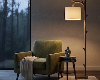 Rustic Tree Trunk Floor Lamp: Distressed Wood Grain, Vintage Country Style, Beige Shade