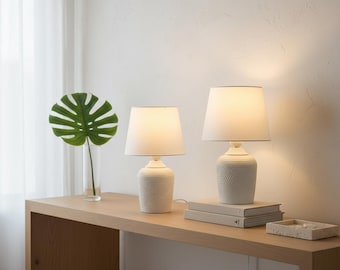 Modern White Bedside Lamps, Set of 2, Textured Plastic Base