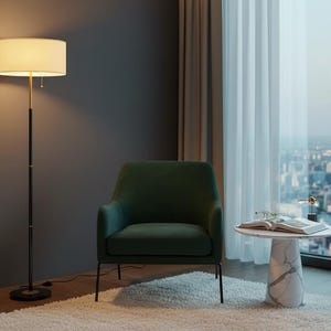 Pu&ograve; includere: Una scena di soggiorno moderno con una poltrona verde scuro, un tavolino con piano in marmo e una lampada da terra nera con paralume color crema. Una grande finestra offre una vista sulla citt&agrave; e un soffice tappeto bianco aggiunge consistenza.