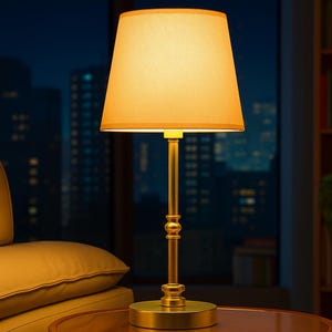K&ouml;nnte beinhalten: Eine goldfarbene Tischlampe mit beigem Lampenschirm. Die Lampe hat einen zylindrischen Sockel und einen dekorativen Stiel. Der Lampenschirm hat eine klassische, konische Form. Der Hintergrund zeigt eine n&auml;chtliche Stadtlandschaft.
