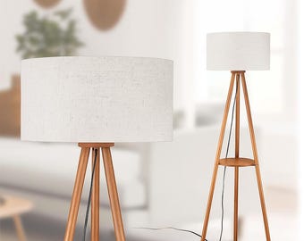 Modern Tripod Wood Floor Lamp with Shelf, Linen Shade & 3 Color LED, App Controlled, Footswitch, Ideal for Reading  and Decoration