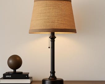 Minimalist Black Table Lamp with Fabric Shade – Pull Chain, Touch Control, Compact Design for Bedrooms, Desks, and Home Decor