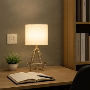 Modern Gold Geometric Table Lamp: White Fabric Shade, Bedroom Lighting
